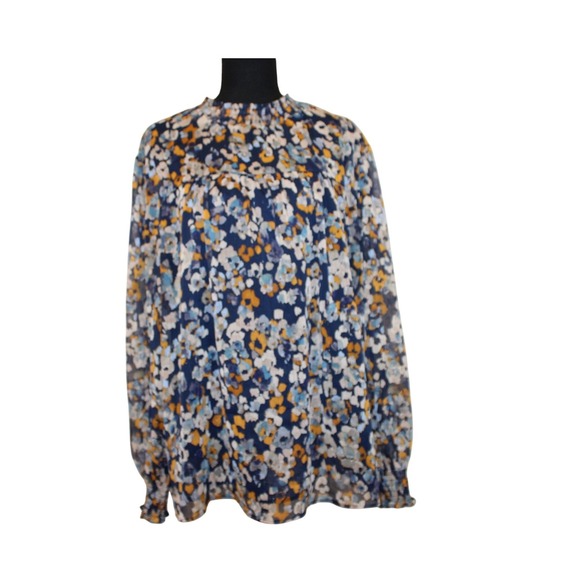 Zac & Rachel Tops - Zac & Rachel Blouse Womens XL Blue Floral Smocked Mock Neck Metallic Top Ex